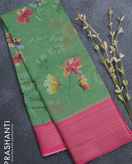Semi chanderi saree green and pink with allover floral prints and banarasi style border - - {{ collection.title }} by Prashanti Sarees