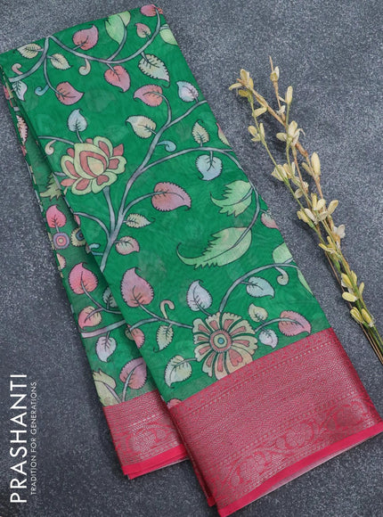 Semi chanderi saree green and pink with allover floral prints and banarasi style border - - {{ collection.title }} by Prashanti Sarees