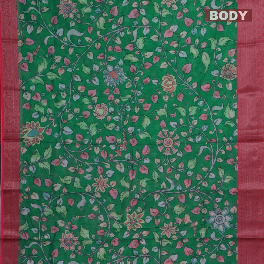 Semi chanderi saree green and pink with allover floral prints and banarasi style border - - {{ collection.title }} by Prashanti Sarees