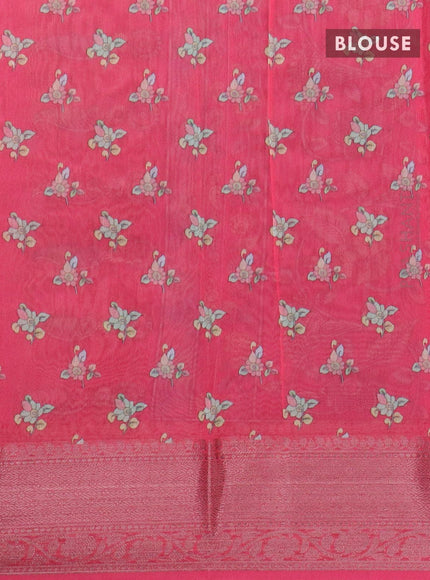 Semi chanderi saree green and pink with allover floral prints and banarasi style border - - {{ collection.title }} by Prashanti Sarees