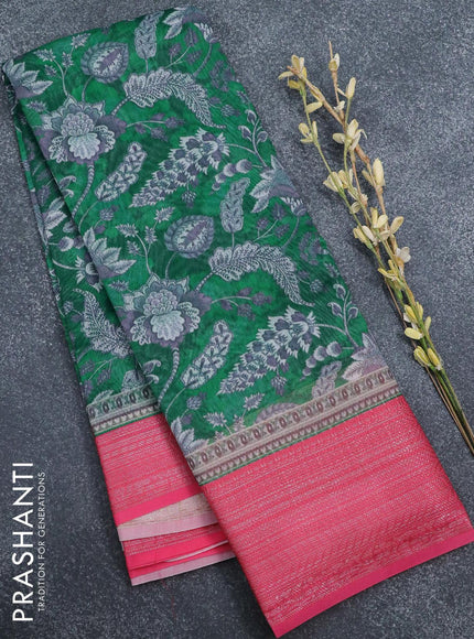 Semi chanderi saree green and pink with allover prints and banarasi style border - - {{ collection.title }} by Prashanti Sarees