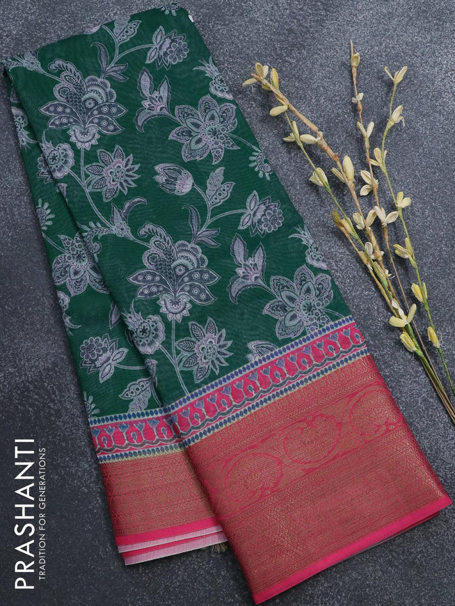 Semi chanderi saree green and pink with allover prints and banarasi style border - - {{ collection.title }} by Prashanti Sarees