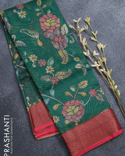 Semi chanderi saree green and pink with allover prints and banarasi style border - - {{ collection.title }} by Prashanti Sarees