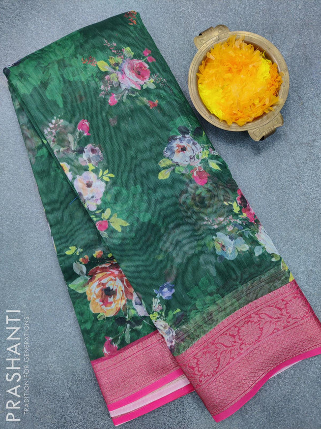 Semi chanderi saree green and pink with floral prints and banarasi style border - {{ collection.title }} by Prashanti Sarees