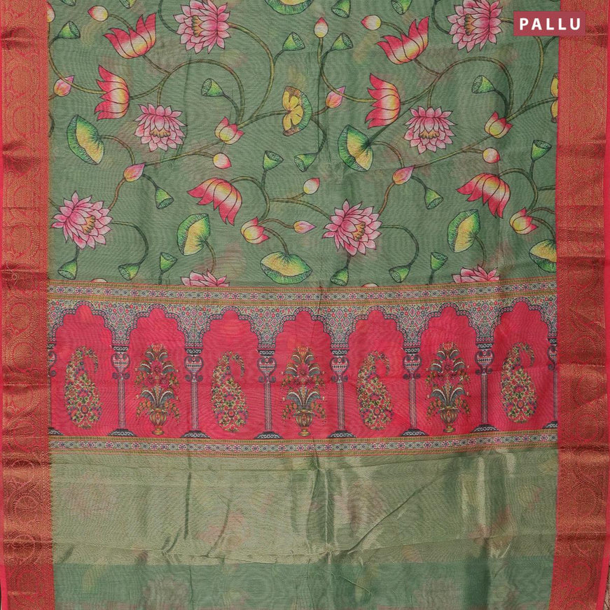 Semi chanderi saree green and red with allover prints and banarasi style border - - {{ collection.title }} by Prashanti Sarees