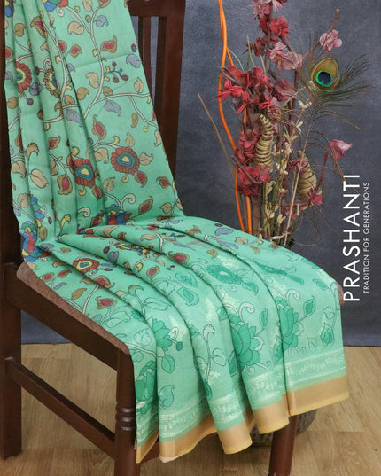 Semi chanderi saree green and sandal with allover floral prints & embroidery work and embroidery border - {{ collection.title }} by Prashanti Sarees