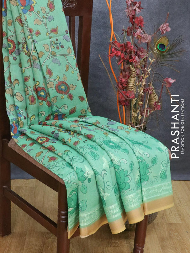 Semi chanderi saree green and sandal with allover floral prints & embroidery work and embroidery border - {{ collection.title }} by Prashanti Sarees