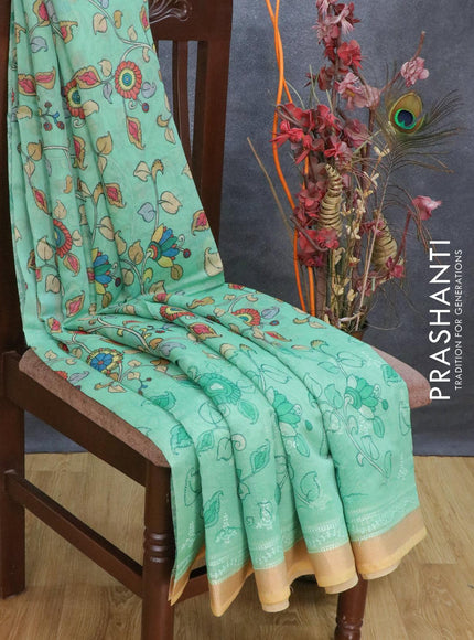 Semi chanderi saree green and sandal with allover floral prints & embroidery work and embroidery border - {{ collection.title }} by Prashanti Sarees