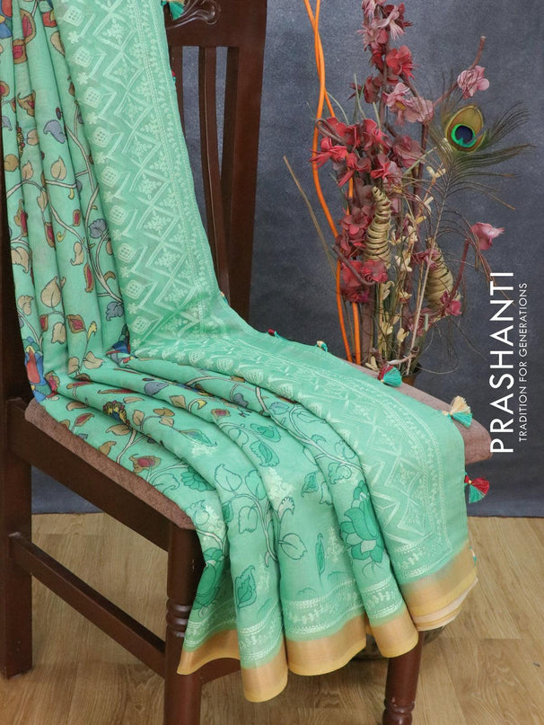 Semi chanderi saree green and sandal with allover floral prints & embroidery work and embroidery border - {{ collection.title }} by Prashanti Sarees
