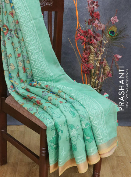 Semi chanderi saree green and sandal with allover floral prints & embroidery work and embroidery border - {{ collection.title }} by Prashanti Sarees