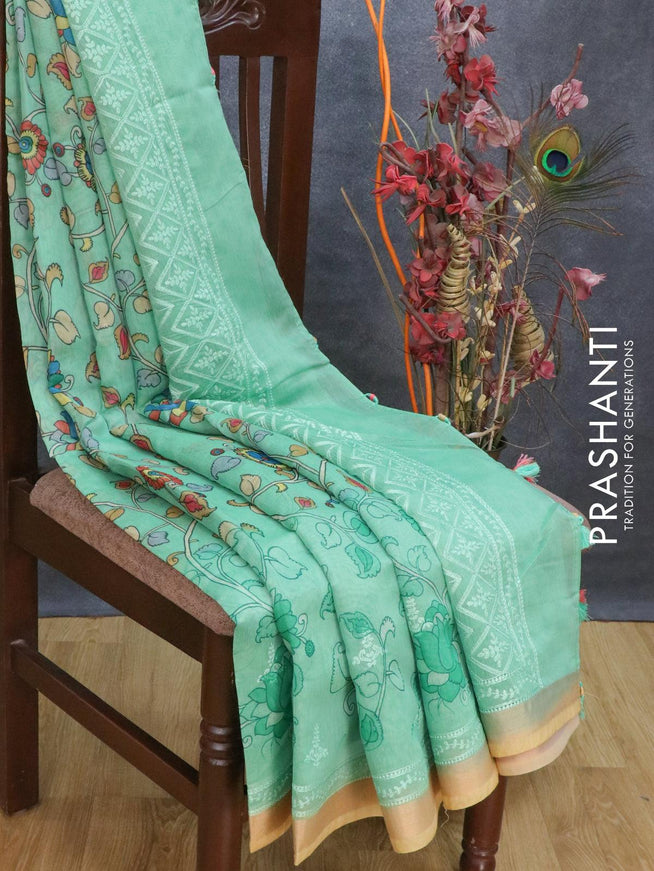 Semi chanderi saree green and sandal with allover floral prints & embroidery work and embroidery border - {{ collection.title }} by Prashanti Sarees