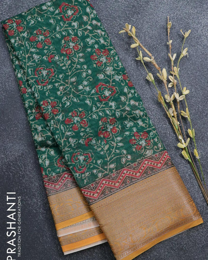 Semi chanderi saree green and yellow with allover prints and banarasi style border - - {{ collection.title }} by Prashanti Sarees