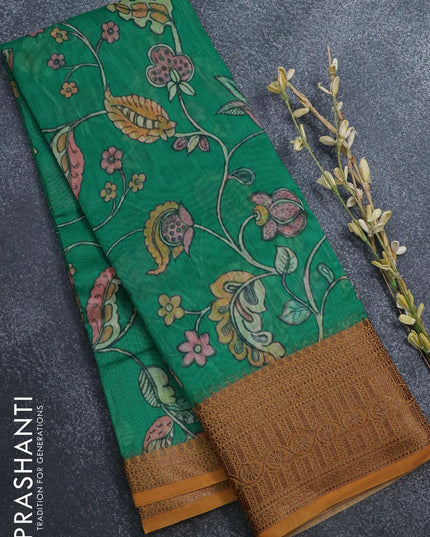Semi chanderi saree green and yellow with allover prints and banarasi style border - - {{ collection.title }} by Prashanti Sarees