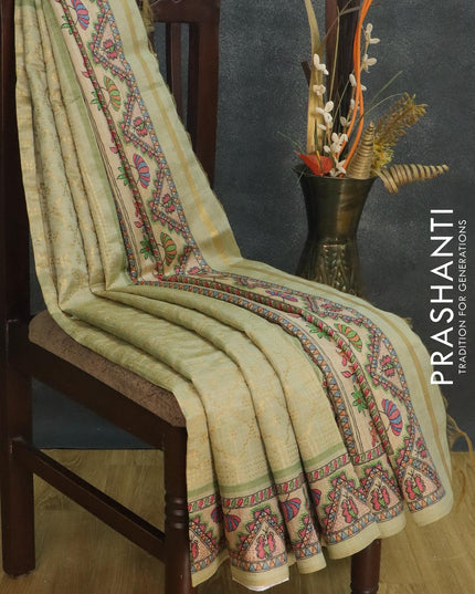 Semi chanderi saree green shade and beige with allover zari weaving and madhubani printed border - {{ collection.title }} by Prashanti Sarees