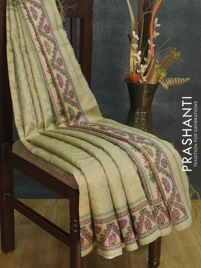 Semi chanderi saree green shade and beige with allover zari weaving and madhubani printed border - {{ collection.title }} by Prashanti Sarees