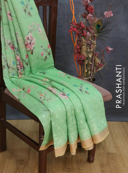 Semi chanderi saree green shade and sandal with allover floral prints and embroidery border - {{ collection.title }} by Prashanti Sarees