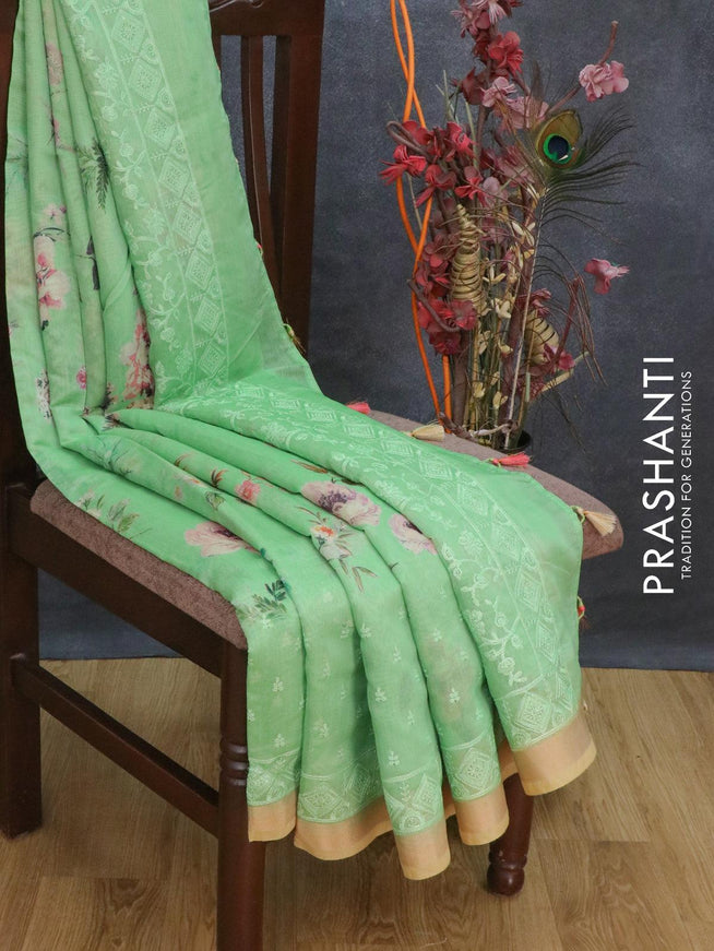 Semi chanderi saree green shade and sandal with allover floral prints and embroidery border - {{ collection.title }} by Prashanti Sarees