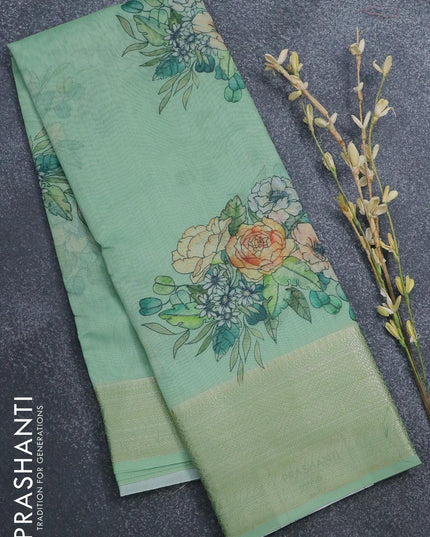 Semi chanderi saree green shade with allover floral prints and banarasi style border - - {{ collection.title }} by Prashanti Sarees