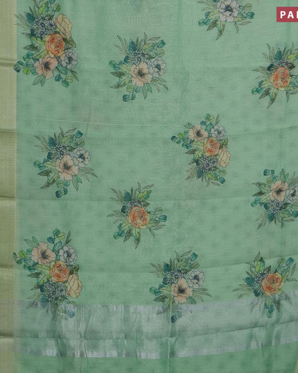 Semi chanderi saree green shade with allover floral prints and banarasi style border - - {{ collection.title }} by Prashanti Sarees