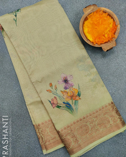 Semi chanderi saree green shade with floral prints and banarasi style border - {{ collection.title }} by Prashanti Sarees