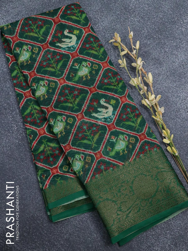 Semi chanderi saree green with allover floral prints and banarasi style border - - {{ collection.title }} by Prashanti Sarees