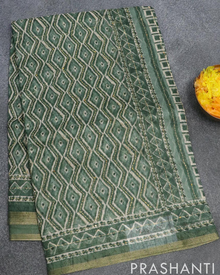 Semi chanderi saree green with geometric prints & kantha stitch work and small zari woven border - {{ collection.title }} by Prashanti Sarees