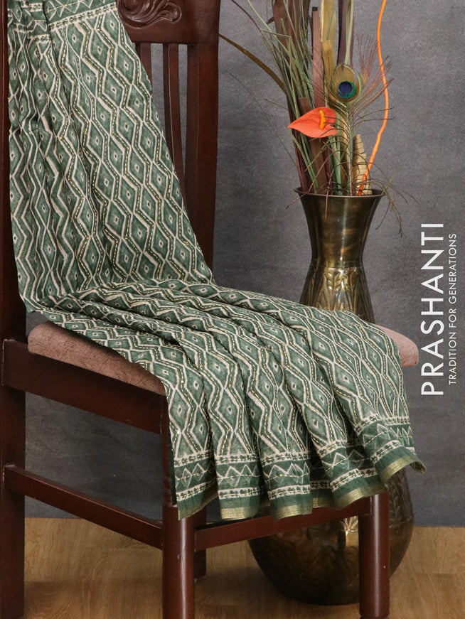 Semi chanderi saree green with geometric prints & kantha stitch work and small zari woven border - {{ collection.title }} by Prashanti Sarees