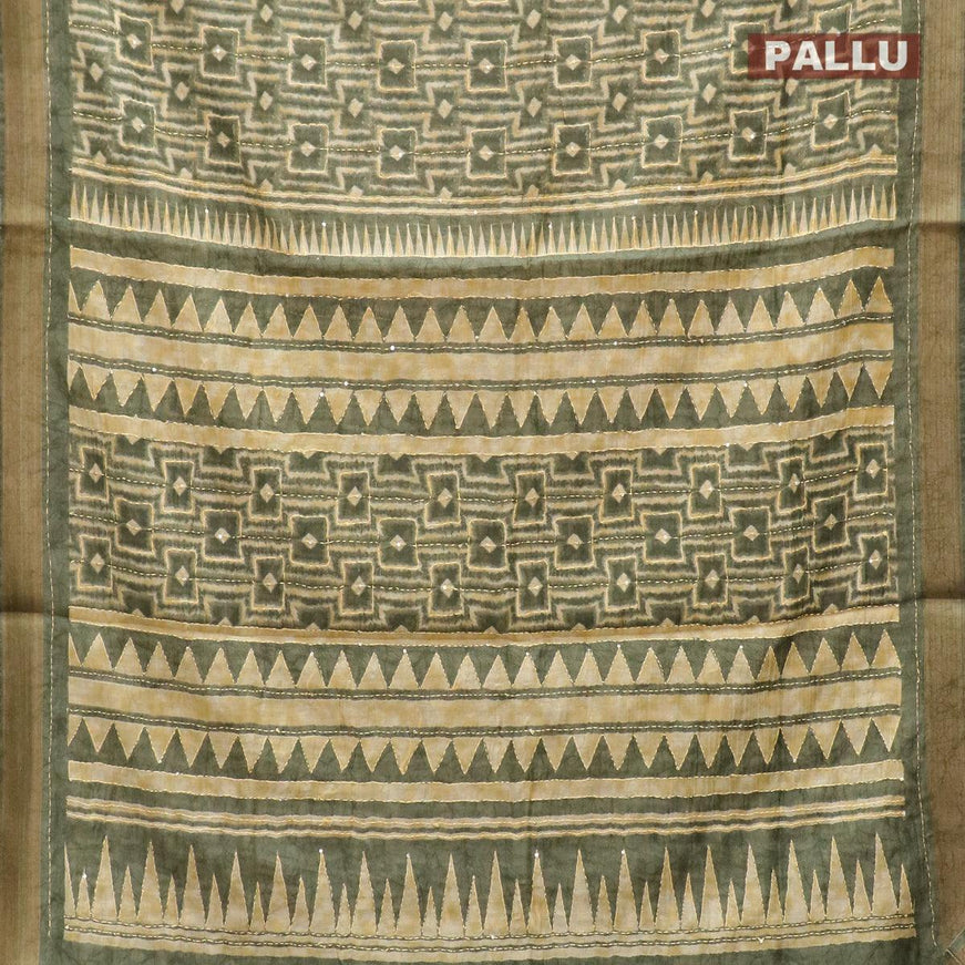 Semi chanderi saree green with geometric prints & kantha stitch work and zari woven border - {{ collection.title }} by Prashanti Sarees