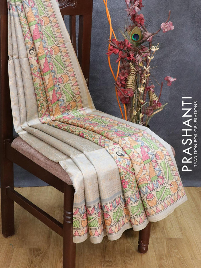 Semi chanderi saree grey and beige with allover zari weaving and madhubani printed border - {{ collection.title }} by Prashanti Sarees