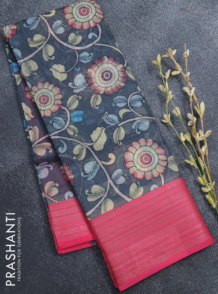 Semi chanderi saree grey and pink with allover floral prints and banarasi style border - - {{ collection.title }} by Prashanti Sarees