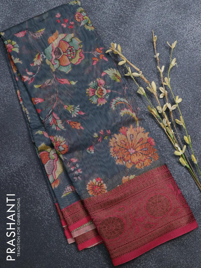 Semi chanderi saree grey and pink with allover floral prints and banarasi style border - - {{ collection.title }} by Prashanti Sarees