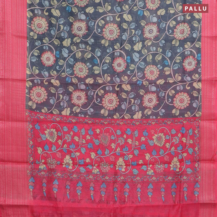 Semi chanderi saree grey and pink with allover floral prints and banarasi style border - - {{ collection.title }} by Prashanti Sarees