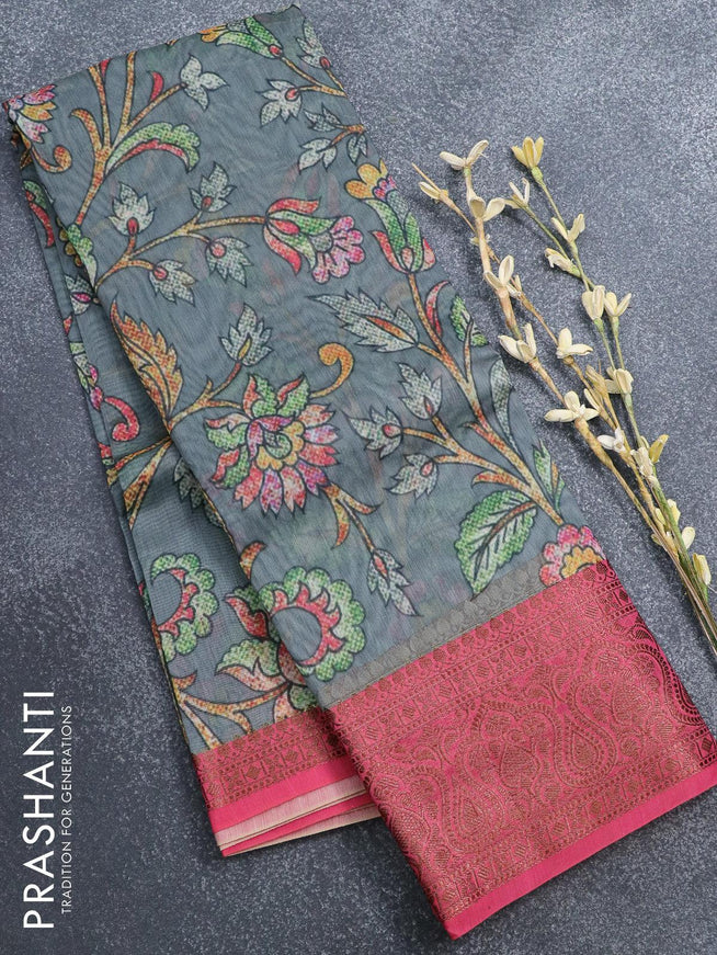 Semi chanderi saree grey and pink with allover prints and banarasi style border - - {{ collection.title }} by Prashanti Sarees