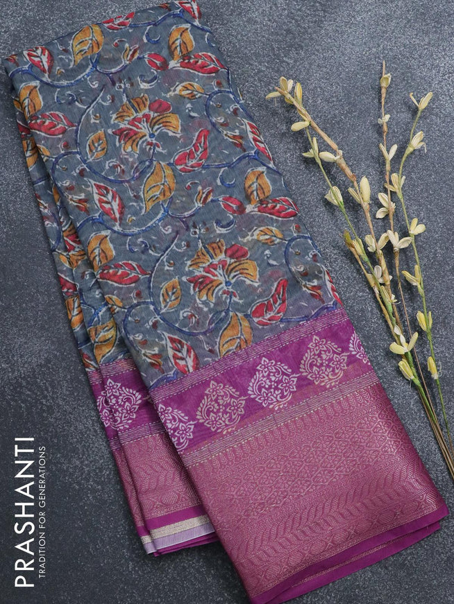 Semi chanderi saree grey and purple with allover prints and banarasi style border - - {{ collection.title }} by Prashanti Sarees