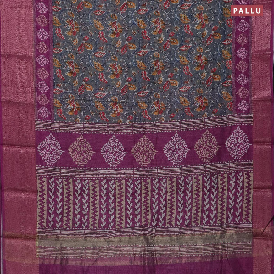 Semi chanderi saree grey and purple with allover prints and banarasi style border - - {{ collection.title }} by Prashanti Sarees