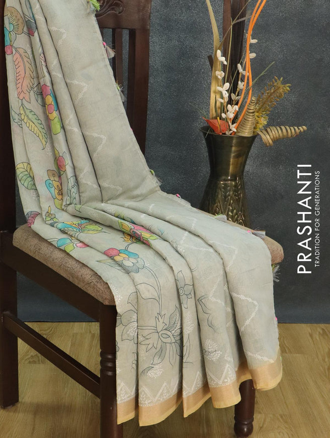 Semi chanderi saree grey and sandal with allover floral prints and embroidery border - {{ collection.title }} by Prashanti Sarees