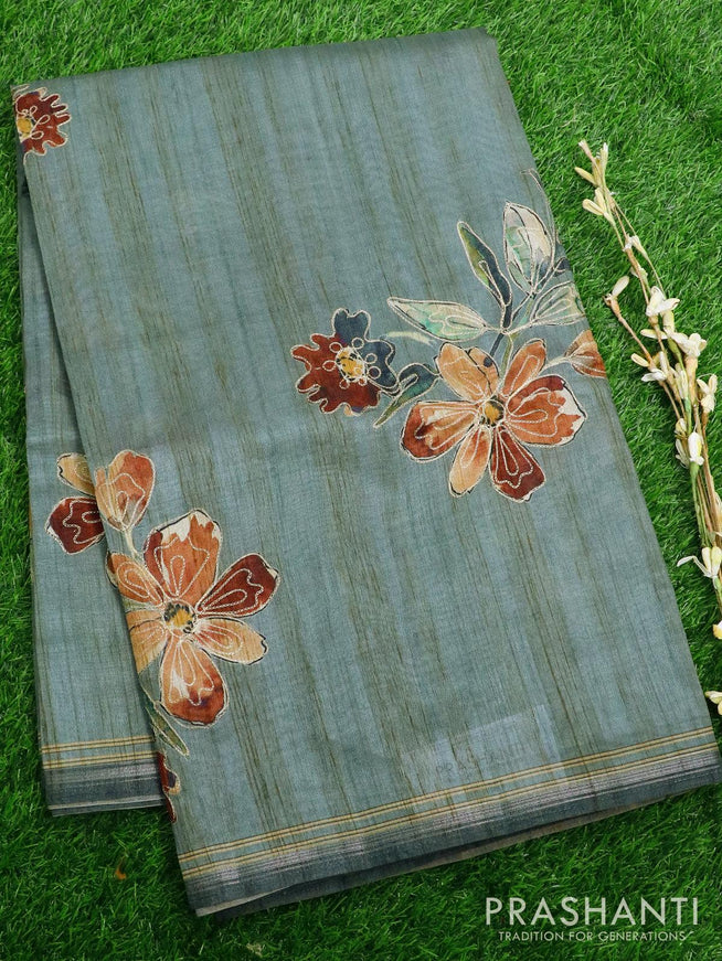 Semi chanderi saree greyish green with allover prints & embroidery work and simple zari border - {{ collection.title }} by Prashanti Sarees