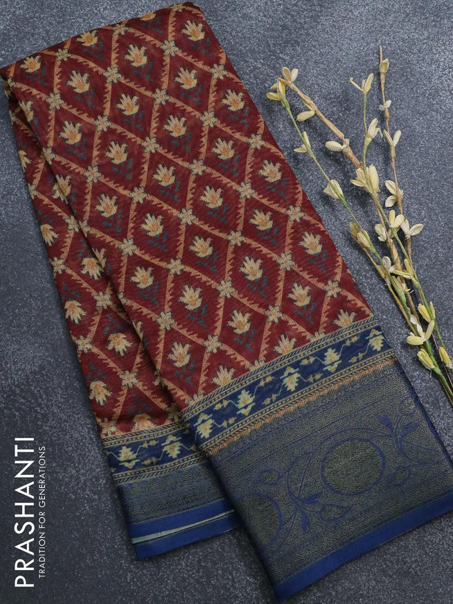 Semi chanderi saree maroon and blue with allover prints and banarasi style border - - {{ collection.title }} by Prashanti Sarees