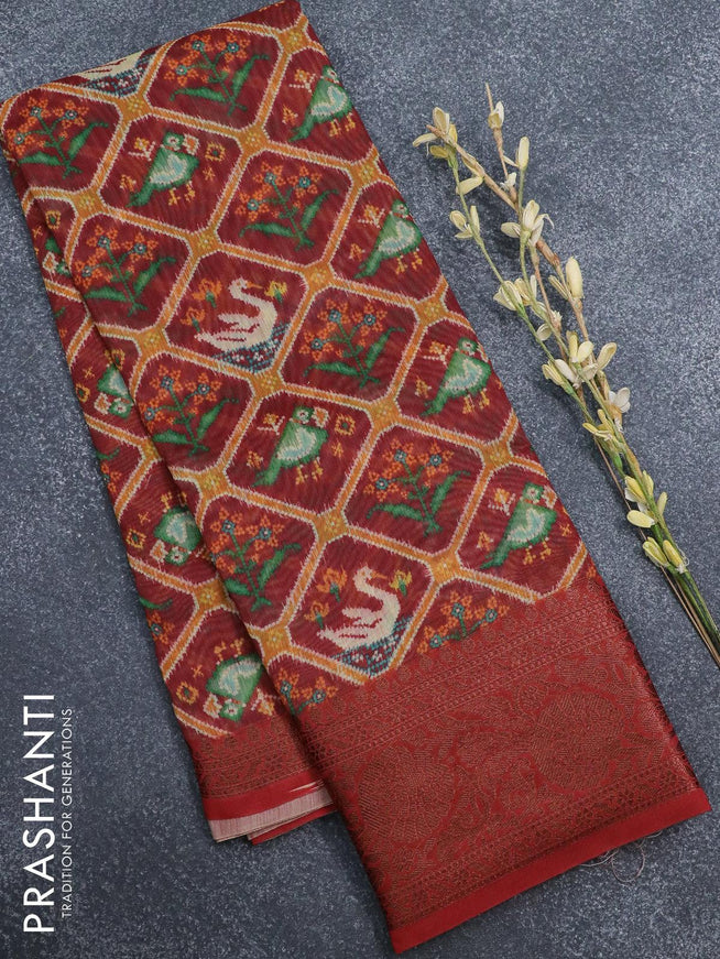 Semi chanderi saree maroon with allover floral prints and banarasi style border - - {{ collection.title }} by Prashanti Sarees