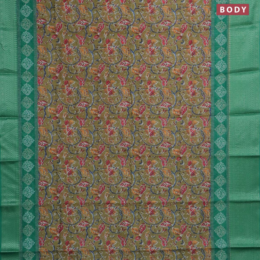 Semi chanderi saree mehendi green and green with allover prints and banarasi style border - - {{ collection.title }} by Prashanti Sarees