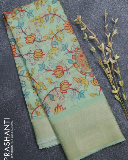 Semi chanderi saree mild pista green with allover floral prints and banarasi style border - - {{ collection.title }} by Prashanti Sarees