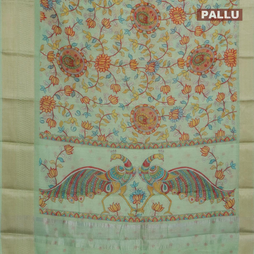 Semi chanderi saree mild pista green with allover floral prints and banarasi style border - - {{ collection.title }} by Prashanti Sarees