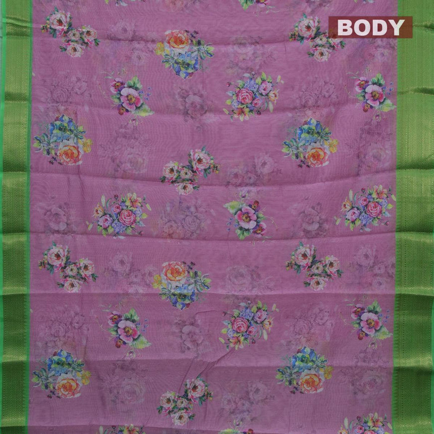 Semi chanderi saree mild purple shade and light green with allover floral prints and banarasi style border - {{ collection.title }} by Prashanti Sarees