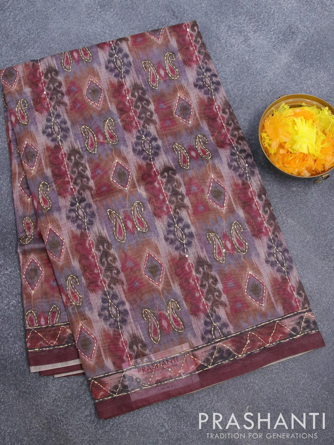 Semi chanderi saree mulit colour and maroon with allover ikat prints & kantha stitch work and kantha stitch work border - {{ collection.title }} by Prashanti Sarees