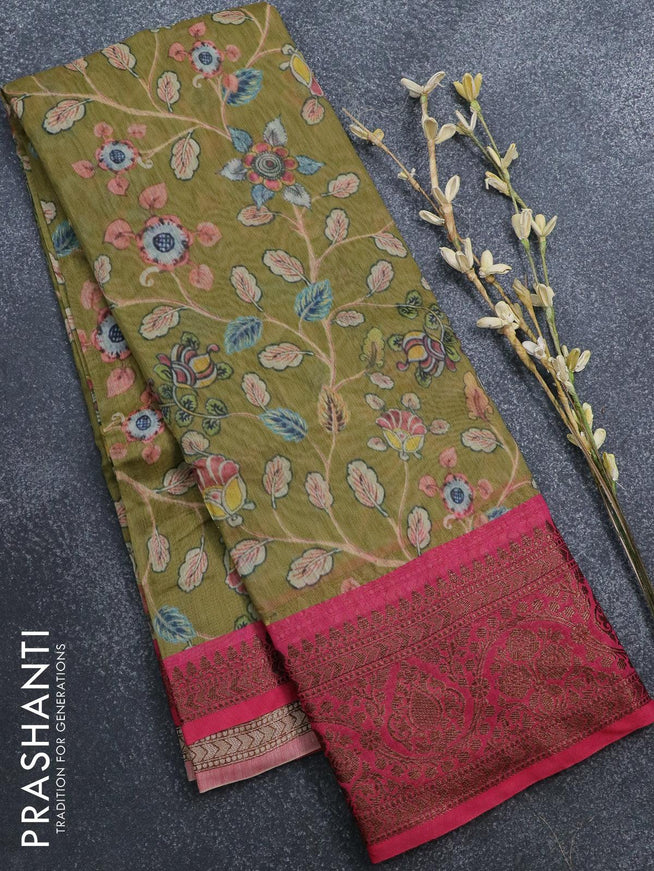 Semi chanderi saree mustard green and pink with allover prints and banarasi style border - - {{ collection.title }} by Prashanti Sarees