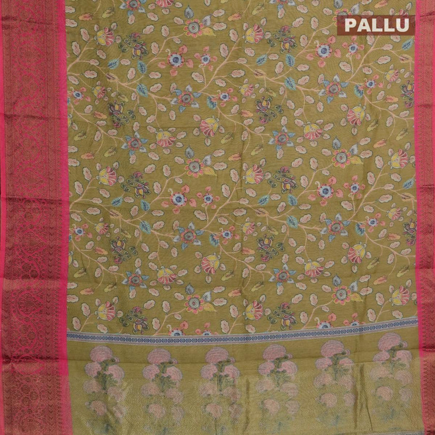 Semi chanderi saree mustard green and pink with allover prints and banarasi style border - - {{ collection.title }} by Prashanti Sarees