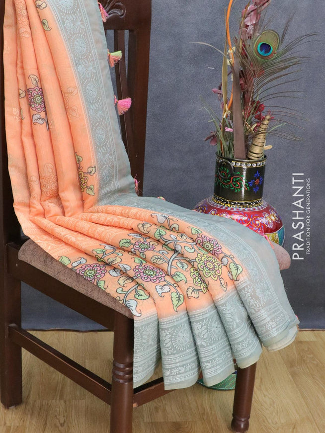 Semi chanderi saree orange and grey with allover floral prints and embroidery border - {{ collection.title }} by Prashanti Sarees