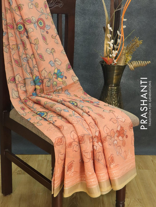 Semi chanderi saree pale orange and sandal with allover floral prints and embroidery border - {{ collection.title }} by Prashanti Sarees