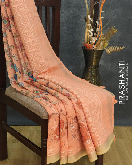 Semi chanderi saree pale orange and sandal with allover floral prints and embroidery border - {{ collection.title }} by Prashanti Sarees