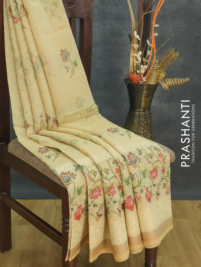 Semi chanderi saree pale yellow and sandal with allover floral prints and embroidery border - {{ collection.title }} by Prashanti Sarees